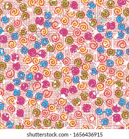 Seamless pattern. Seashell scattering. 
The background consists of rhombuses represented by wavy lines.