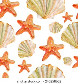 Seamless pattern with sea-shell and sea star. Vector seashell seamless pattern