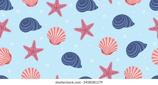 Seamless pattern with seashell of snail, scallop and Marine starfish. Marine undersea mollusc, clam of fan shape. Marine underwater swirled sea shell. Sea star fish, mollusc. Repeating texture. Vector