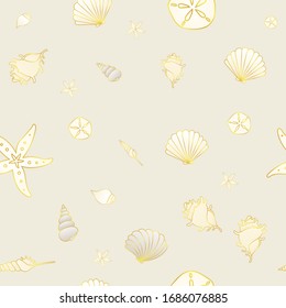 Seamless pattern seashell and starfish gold color doodle on cream color background.