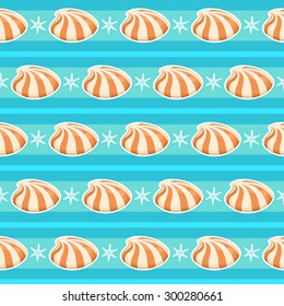 Seamless pattern with seashell and starfish icons over blue striped background