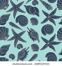 Seamless pattern with seashell. Summer time, sea, underwater hand-drawn vector illustration for wrapping paper, wallpaper, notebook cover.