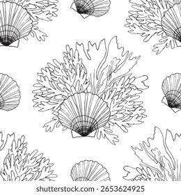 Padrão sem emenda Conchas, algas, corais. Ilustração desenhada à mão do fundo da Shell do mar. Oceano Cockleshell submarino submarino. Desenho de linha de vieira. Para o revestimento de tecido de impressão. Fundo do mar Abstrato