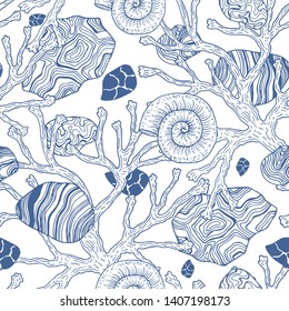 seamless pattern of seashells, algae,
seaweed.Hand drawn vector illustrations