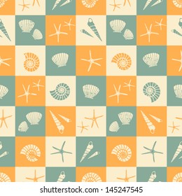 Seamless pattern with seashells in blue, beige and yellow.