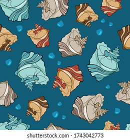 Seamless pattern with seashells. Cartoon style. Stock illustration. Design for wallpaper, fabric, textile, wrapping.