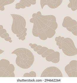 Seamless pattern of seashells with a contour drawing of the hand of beige sand brown on a light brown background