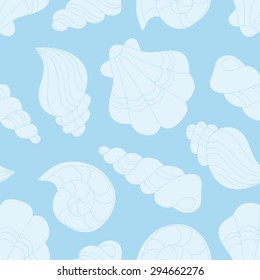 Seamless pattern of seashells with a contour drawing of the hand of a light blue on blue background