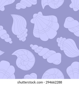 Seamless pattern of seashells with a contour drawing of the hand of a light purple to dark purple background