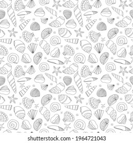 Seamless pattern of seashells in a contour on a white background. Doodle illustration. Vector background. Wallpaper or background.