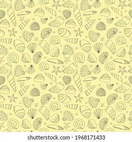 Seamless pattern from seashells in a contour on a yellow background. Doodle illustration. Vector background. Wallpaper or background.