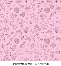 Seamless pattern of seashells in a contour on a pink background. Doodle illustration. Vector background. Wallpaper or background.