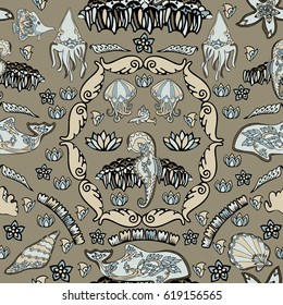Seamless pattern with seashells, corals and fishes. Marine background. Vector illustration in sketch style. Perfect for greetings, invitations, wrapping paper, textile, wedding and web design.