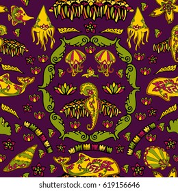 Seamless pattern with seashells, corals and fishes. Marine background. Vector illustration in sketch style. Perfect for greetings, invitations, wrapping paper, textile, wedding and web design.