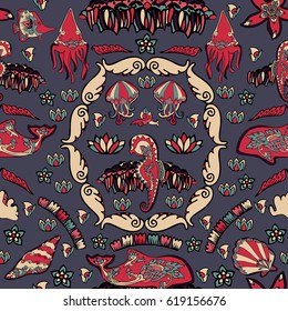 Seamless pattern with seashells, corals and fishes. Marine background. Vector illustration in sketch style. Perfect for greetings, invitations, wrapping paper, textile, wedding and web design.