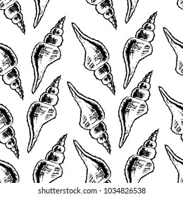 Seamless pattern with seashells, corals . Marine background. Vector illustration in sketch style.  greetings, invitations, wrapping paper, textile, wedding and web design.