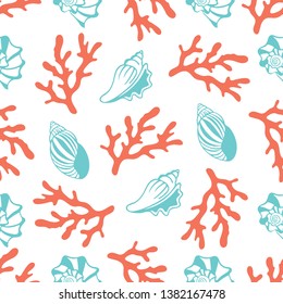 Seamless pattern with seashells and corals. Marine vector background. Perfect for wrapping paper, textile and web design. Vector illustration with concept of seaside resort, diving, vacation
