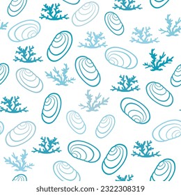 Seamless pattern with seashells, corals. Marine background. Vector illustration in doodle style.