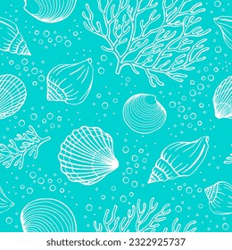 Seamless pattern with seashells, corals. Marine background. Vector illustration in sketch style.