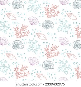 Seamless pattern with seashells and corals. Marine background. Perfect for greetings, invitations, manufacture wrapping paper, textile and web design
