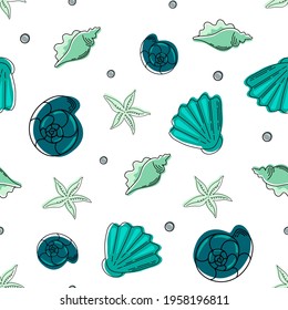 Seamless pattern with seashells, corals and starfish, fish, crab. Vector illustration. Perfect for greetings, invitations, textiles, weddings and web designs.