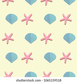 Seamless pattern with seashells, corals and starfishes. Marine background. Perfect for greetings, invitations, wrapping paper, textile, wedding and web design.