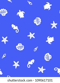 Seamless pattern with seashells, corals and starfishes. Marine background. Perfect for greetings, invitations, wrapping paper, textile, wedding and web design.