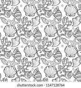 Seamless pattern with seashells, corals and starfishes. Marine background. Vector illustration in sketch style. Perfect for greetings, invitations, wrapping paper, textile, wedding and web design.