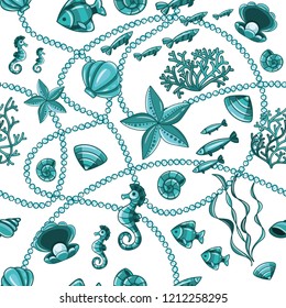 Seamless pattern with seashells, corals and starfishes. Marine background.