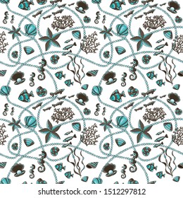 Seamless pattern with seashells, corals and starfishes. Marine background.