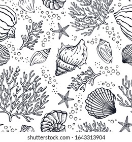 Seamless pattern with seashells, corals and starfishes. Marine background.  Perfect for greetings, invitations, manufacture wrapping paper, textile and web design.