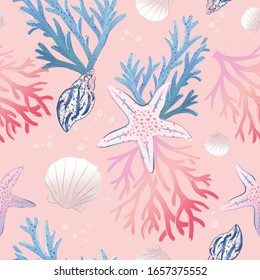 Seamless pattern with seashells, corals and starfishes. Marine background. Vector illustration. Perfect for greetings, invitations, wrapping paper, textile, wedding and fabric prints.