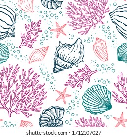 Seamless pattern with seashells, corals and starfishes. Marine background.  Perfect for greetings, invitations, manufacture wrapping paper, textile and web design.