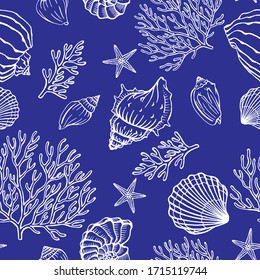 Seamless pattern with seashells, corals and starfishes. Marine background.  Perfect for greetings, invitations, manufacture wrapping paper, textile and web design.