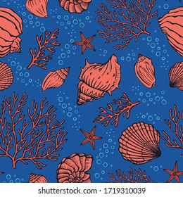 Seamless pattern with seashells, corals and starfishes. Marine background.  Perfect for greetings, invitations, manufacture wrapping paper, textile and web design.