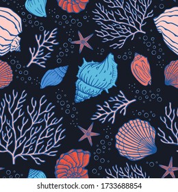 Seamless pattern with seashells, corals and starfishes. Marine background.  Perfect for greetings, invitations, manufacture wrapping paper, textile and web design.