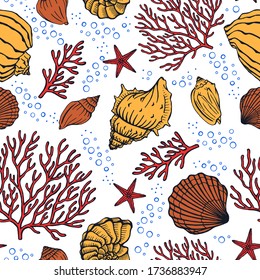 Seamless pattern with seashells, corals and starfishes. Marine background.  Perfect for greetings, invitations, manufacture wrapping paper, textile and web design.