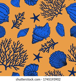 Un motif sans parfum avec coquillages, coraux et étoiles de mer. Arrière-plan marin.  Idéal pour les salutations, invitations, fabrication de papier d'emballage, textile et design web.