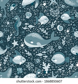 Seamless pattern with seashells, corals and starfishes. Marine background. Perfect for greetings, invitations, wrapping paper, textile. Seamless pattern for kids with cartoon undersea world. Vector