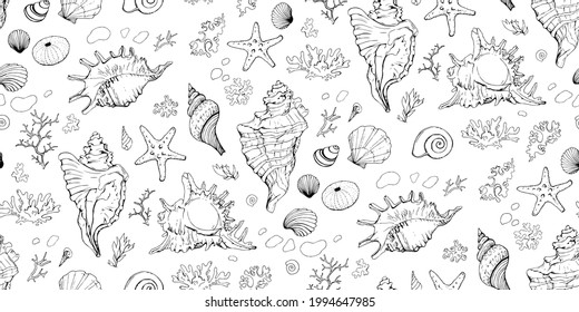 Seamless pattern with seashells, corals and starfishes. Marine background. Vector illustration in sketch style. Perfect for greetings, invitations, wrapping paper, textile, wedding and web design.