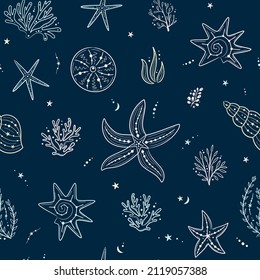 Seamless pattern with seashells, corals and starfishes. Marine dark blue background. For printing, fabric, textile, manufacturing, wallpapers. Sea bottom.