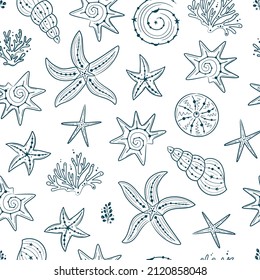 Seamless pattern with seashells, corals and starfishes. Marine dark blue background. For printing, fabric, textile, manufacturing, wallpapers. Sea bottom.