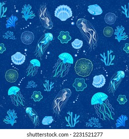 Seamless pattern with seashells, corals, and starfishes. Marine background.  Perfect for greetings, invitations, wrapping paper, textiles, weddings, and web design.