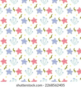 Seamless pattern with seashells, corals and starfishes. Marine background.