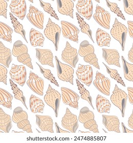 Seamless pattern with seashells, corals and starfishes. Marine background. Perfect for greetings, invitations, manufacture wrapping paper, textile and web design.