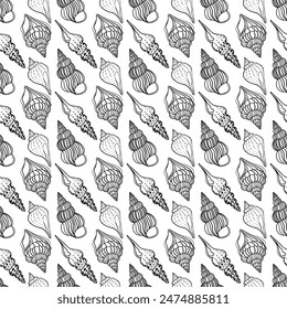 Seamless pattern with seashells, corals and starfishes. Marine background. Perfect for greetings, invitations, manufacture wrapping paper, textile and web design.