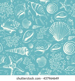 Seamless pattern with seashells, corals and starfishes. Marine background. Vector illustration in sketch style. Perfect for greetings, invitations, wrapping paper, textile, wedding and web design.