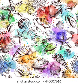 Seamless pattern with seashells, corals and starfishes. Imitation of watercolor spots. Vector illustration in sketch style. Perfect for greetings, invitations, textile, wedding and web design.