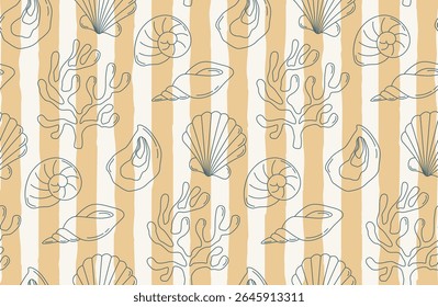 Seamless pattern with seashells, corals and stripes. Summer background with doodle elements