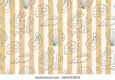 Seamless pattern with seashells, corals and stripes. Summer background with doodle elements	